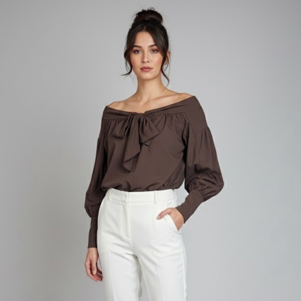 RYU ANTHROPOLOGIE BROWN BLOUSE BOW ACCENT